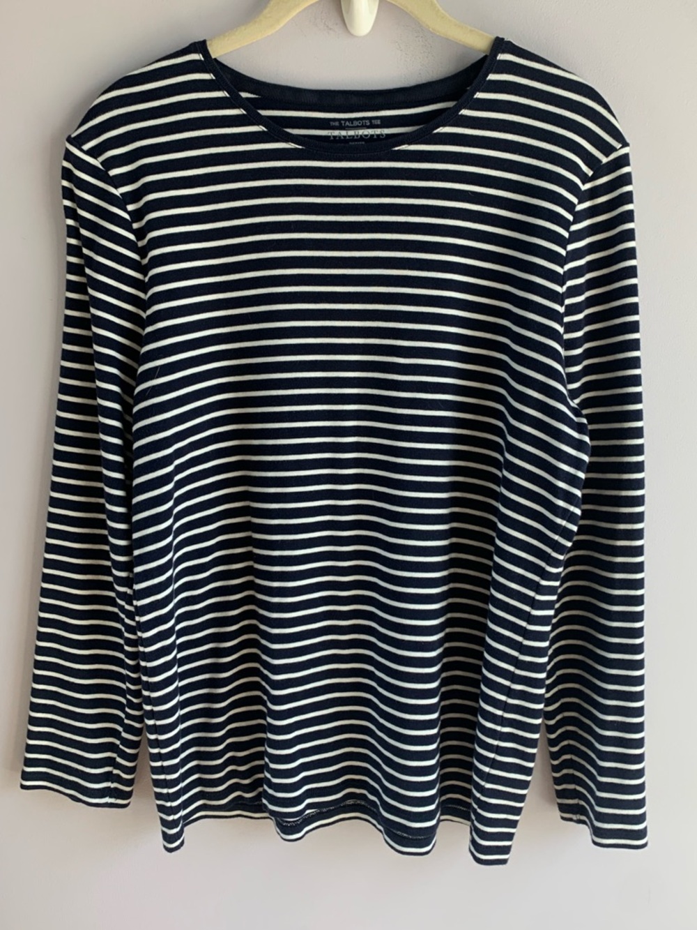 Talbot's Knit Top Tee Navy White Stripes Long Sleeve Round Neck Cotton EUC PXL